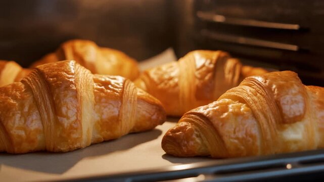 Golden croissants baking in oven on parchment-lined tray with flaky texture and warm glow