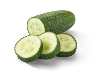 Cucumber and slices of cucumber isolated on white background.