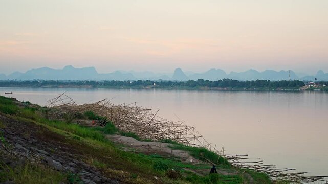 Bamboo Fire Boat Remains on Mekong River Festival in Nakhon Phanom