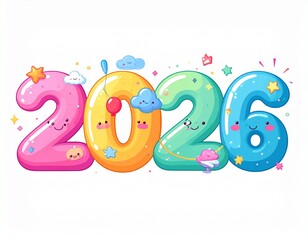 Fototapeta premium The numbers “2 0 2 6” designed in a bright, playful kids theme with rounded, bubbly shapes and cheerful pastel colors. Each number looks soft and friendly, decorated with fun elements.