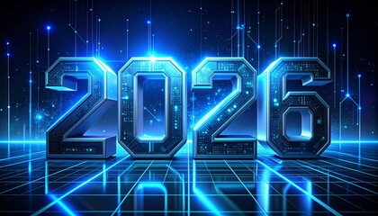 The numbers “2 0 2 6” designed in a futuristic technology style with glowing neon lines, holographic edges, and digital circuitry patterns. Metallic surfaces reflect blue and cyan light.