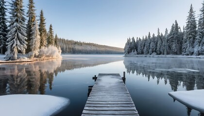 Illustration of serene frozen lake with a worn wooden dock, surrounded by snow-covered evergreen trees.