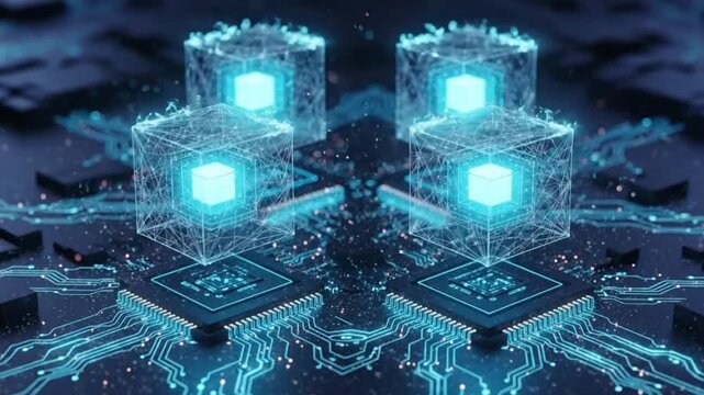 Futuristic Blockchain Data Cubes With Glowing Digital Circuits and Connected Nodes High Tech Technology Background for AI Computing and Cyber Systems