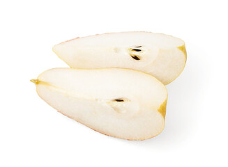 Sliced pear isolated. Half of pear on white. Top view.