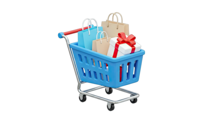 Shopping Cart with Gifts and Bags on White
