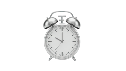 Silver Alarm Clock Showing Time on White Background