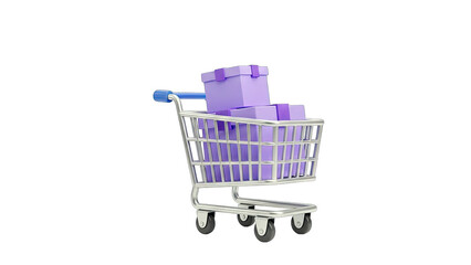 Shopping Cart with Purple Boxes on White Background