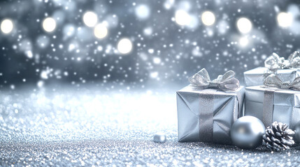 Fondo decorativo que representa un ambiente navide&ntilde;o con est&eacute;tica plateada, fondo brillante y una elegante composici&oacute;n institucional. Regalos, adornos y pi&ntilde;as de plata sobre una superficie brillante 