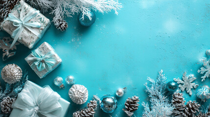 Fondo decorativo que representa la atm&oacute;sfera navide&ntilde;a con est&eacute;tica azul y dorada, dise&ntilde;o vibrante y elegante composici&oacute;n. Regalos azules, adornos dorados y estrellas sobre una superficie texturizada 