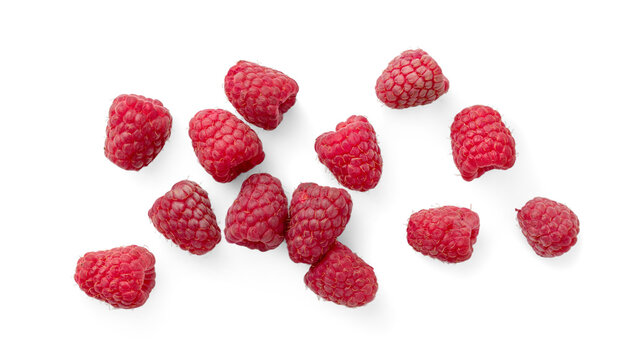 Fresh Raspberries Isolated on a White Background. Top view.