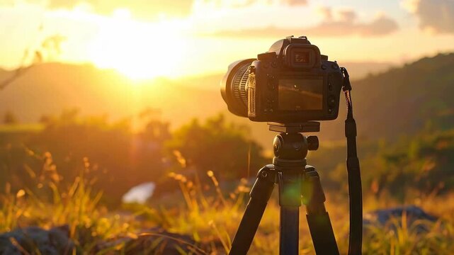 DSLR camera on tripod capturing a beautiful golden hour sunset over a scenic landscape.