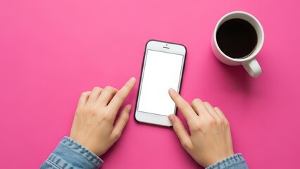 Top view of hands interacting with smartphone mockup on bright pink background