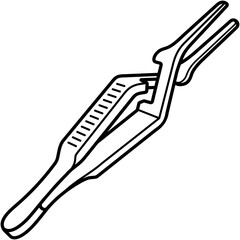Bulldog Clamps. Small, spring-loaded cross-action vascular clamp used for temporary occlusion of blood vessels during surgery. Medical sterile surgical instrument. Vector outline icon.
