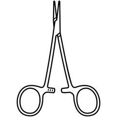 Mosquito hemostatic forceps. Small, delicate surgical artery clamp used for occluding small blood vessels and fine tissue manipulation. Medical sterile surgical instrument. Vector outline icon.
