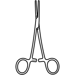 Kelly hemostatic forceps. Versatile surgical artery clamp with half-serrated jaws for clamping vessels and holding tissue. Medical sterile surgical instrument. Vector outline icon.