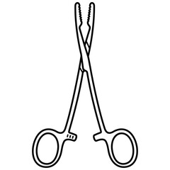 Pean Hemostatic Forceps. Surgical artery clamp with serrated jaws for occluding blood vessels and controlling bleeding. Medical sterile surgical instrument. Vector outline icon.