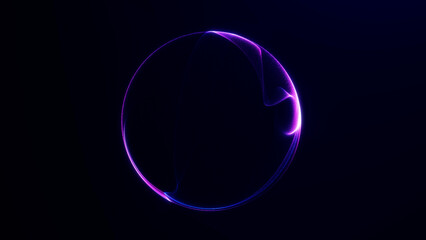 Obraz premium Abstract neon purple energy sphere dissolving into dark space. Futuristic gradient orb concept symbolizing transformation, digital energy and modern technology backgrounds.