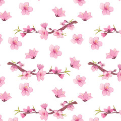 A seamless watercolor pattern of light peach blossoms (đ&agrave;o phai) for Vietnamese Tết, featuring soft pastel pink flowers and delicate branches in a calm, elegant spring composition.