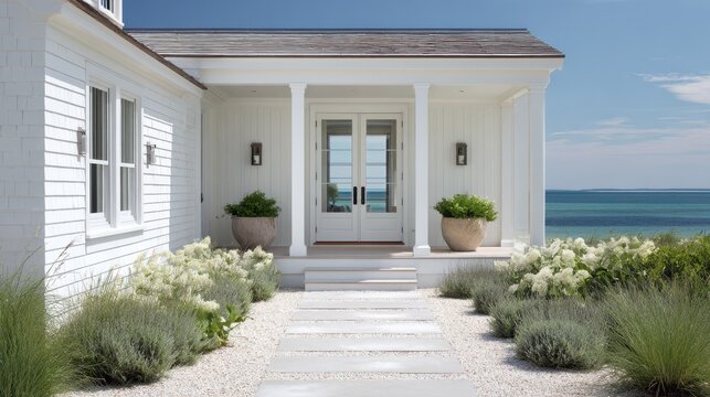 Modern white house with double doors and coastal landscape