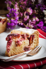 Piece of homemade fresh plum cake.
