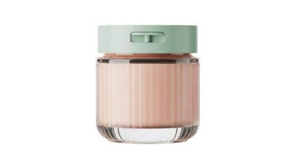 Elegant pink and beige striped glass jar with green lid isolated PNG, decorative container for cosmetics or food on transparent background