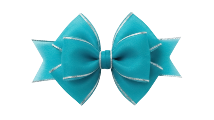Aqua blue ribbon bow isolated PNG, festive decoration with silver trim for gift wrapping and holiday crafts on transparent background