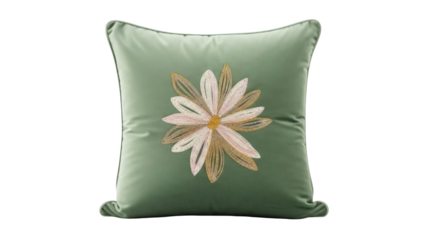 Elegant sage green throw pillow with embroidered flower isolated PNG, decorative cushion for home decor and interior design projects