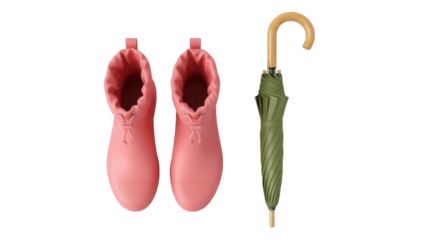 Pair of pink rubber rain boots and green umbrella isolated PNG, waterproof footwear and weather protection on transparent background