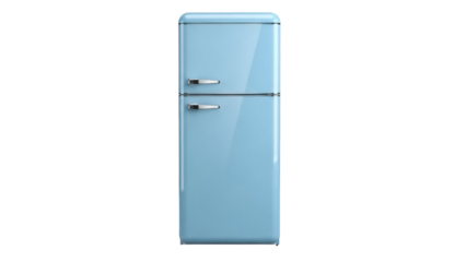 Retro light blue refrigerator PNG isolated on transparent background, vintage fridge appliance for kitchen design and home decor projects