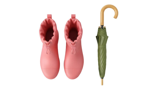 Pair of pink rubber rain boots and green umbrella isolated PNG, waterproof footwear and weather protection on transparent background