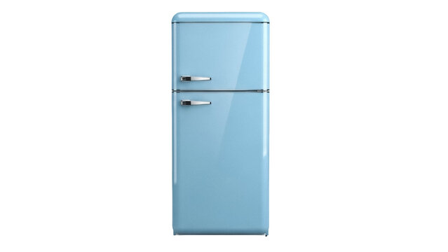 Retro light blue refrigerator PNG isolated on transparent background, vintage fridge appliance for kitchen design and home decor projects