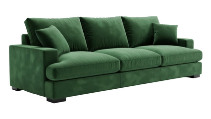 Elegant green velvet sofa isolated PNG, modern couch with cushions for living room interior design and comfortable seating arrangements