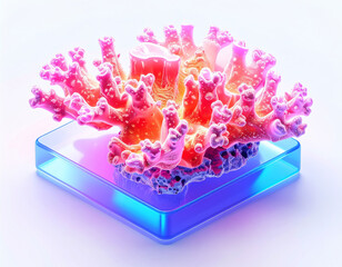 Vibrant neon coral sculpture on a translucent glowing blue platform, glossy textured polyps in pink, orange, and purple hues, futuristic surreal marine art symbolizing reef beauty and digital design.