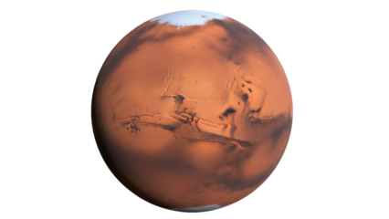 Detailed Mars planet PNG isolated on transparent background, red planet with polar ice caps and surface features for space exploration