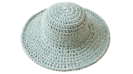 Light blue crocheted sun hat isolated PNG, handmade summer headwear for sun protection and fashion on transparent background