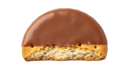 Half of a chocolate-covered cookie isolated PNG, delicious biscuit with a bite taken out on transparent background, sweet treat for dessert