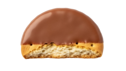 Half of a chocolate-covered cookie isolated PNG, delicious biscuit with a bite taken out on transparent background, sweet treat for dessert