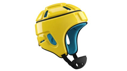 Yellow and blue headgear isolated PNG, protective helmet for sports like rugby and American football on transparent background