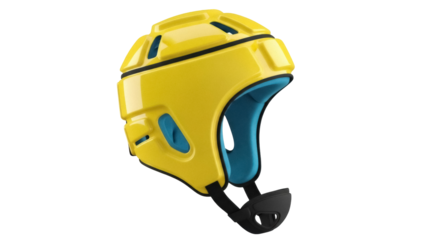 Yellow and blue headgear isolated PNG, protective helmet for sports like rugby and American football on transparent background
