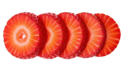 Sliced strawberry PNG isolated on transparent background, fresh red fruit cut into pieces for healthy eating and dessert decoration