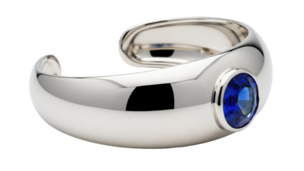 Elegant silver cuff bracelet with blue sapphire isolated PNG, modern jewelry design for fashion accessories and luxury gifts
