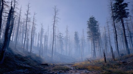 A desolate forest scene with bare, skeletal trees shrouded in mist under a pale blue sky.