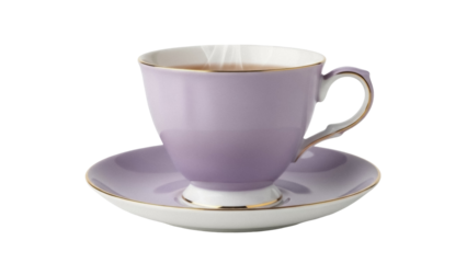Elegant lavender teacup and saucer isolated PNG, vintage porcelain tableware for afternoon tea and special occasions on transparent background