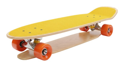 Yellow penny board isolated PNG on transparent background, retro skateboard with orange wheels for street cruising and recreation © Jn
