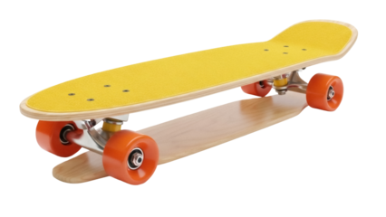 Yellow penny board isolated PNG on transparent background, retro skateboard with orange wheels for street cruising and recreation