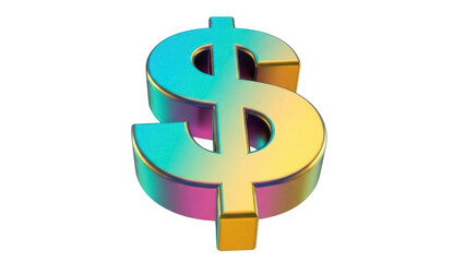 Iridescent dollar sign PNG isolated on transparent background, colorful 3D render for finance and investment concepts