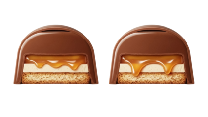 Chocolate caramel candy bar cut in half isolated PNG, delicious sweet treat with layers of chocolate, caramel, nougat, and cookie on transparent background