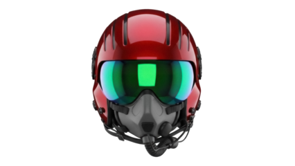 Red flight helmet with green visor isolated PNG, pilot headgear for aviation and air force use on transparent background