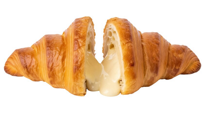 Golden brown croissant cut in half with cream filling isolated PNG, delicious pastry on transparent background for breakfast and bakery concepts