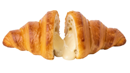 Golden brown croissant cut in half with cream filling isolated PNG, delicious pastry on transparent background for breakfast and bakery concepts